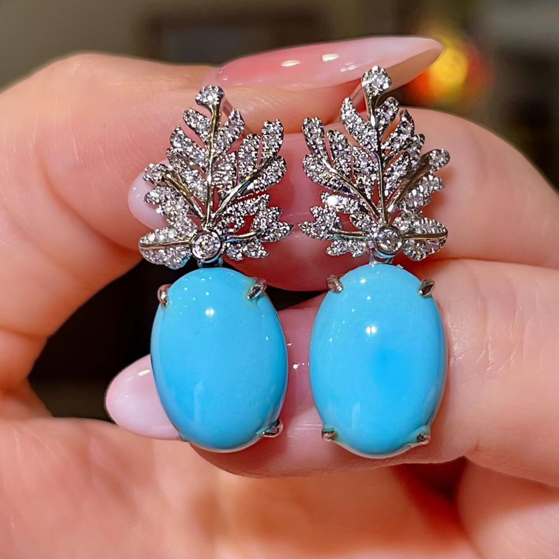 14k Gold 11.01 Ctw Natural Blue Turquoise & Diamond Earrings: Ref:231124134 // gold content:14k gold // main gemstone:blue turquoise // shape:oval // carat weight:10. 68ct // color:blue // treatment:natural // // adjacent gemstone 2 : diamond // shape:round