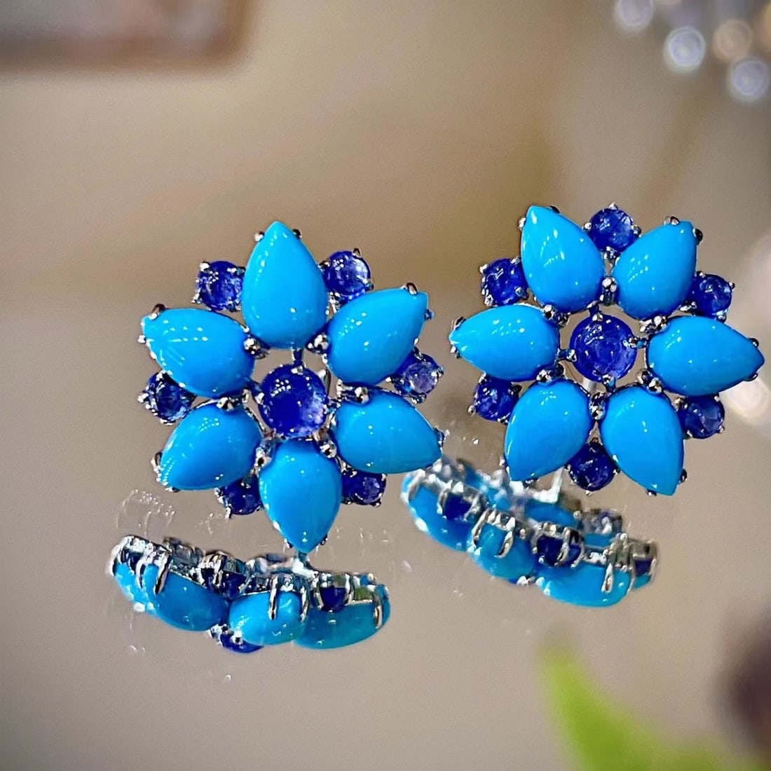 14k Gold 6.32 Ctw Natural Blue Turquoise & Sapphire Earrings - 2