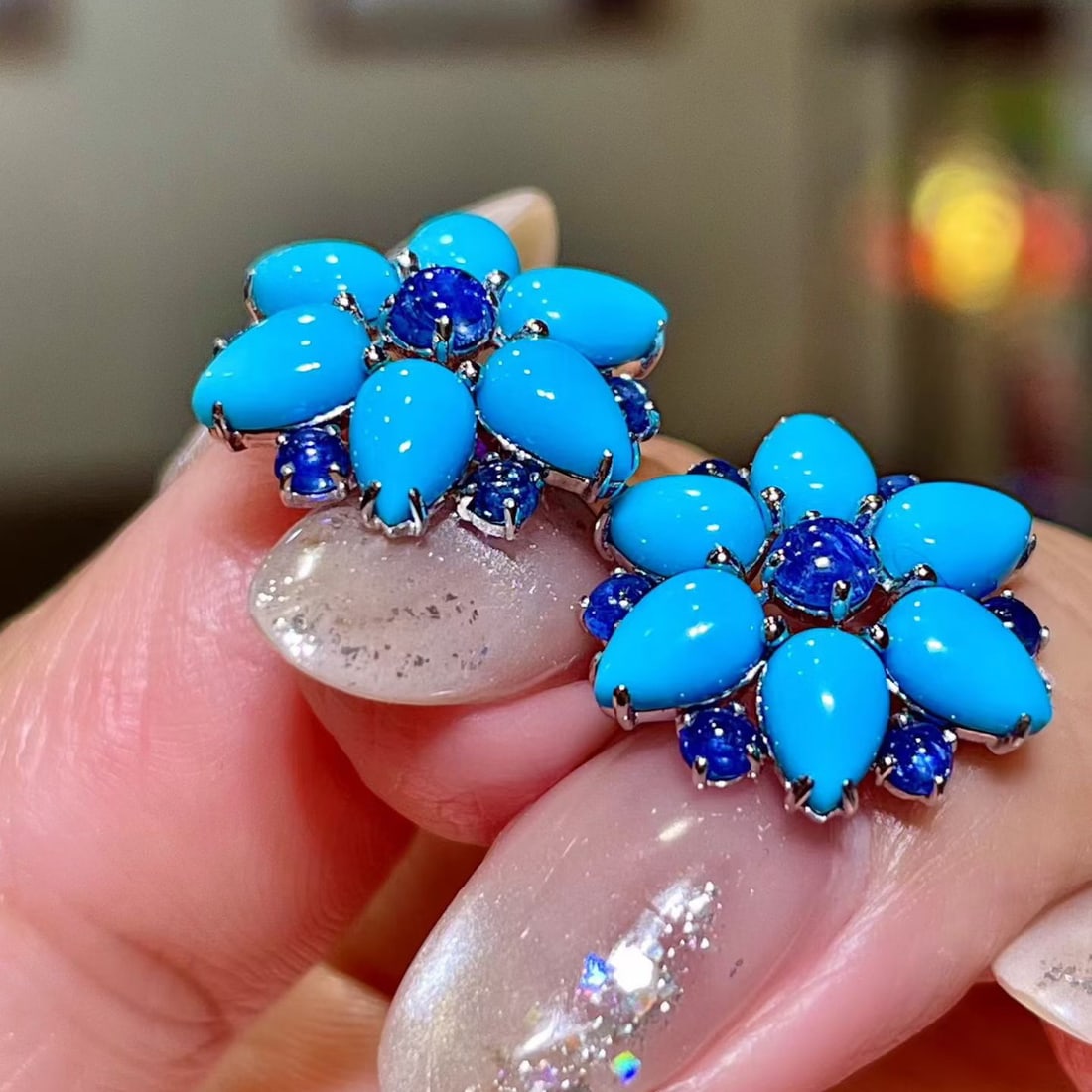 14k Gold 6.32 Ctw Natural Blue Turquoise & Sapphire Earrings - 4