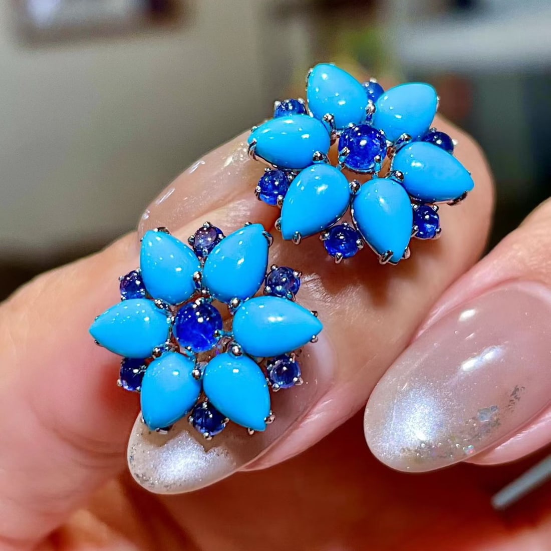 14k Gold 6.32 Ctw Natural Blue Turquoise & Sapphire Earrings - 5