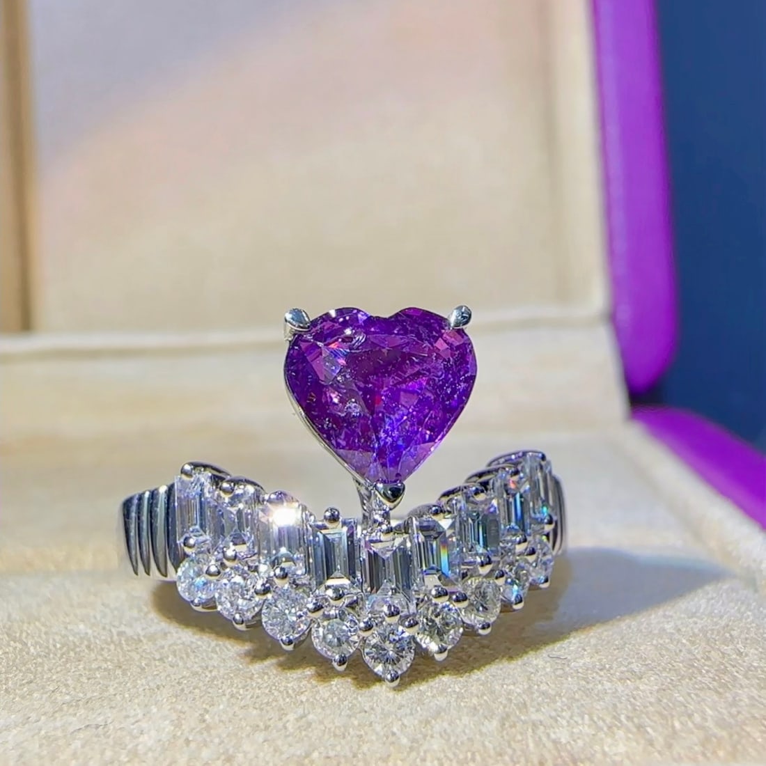 14k Gold 1.83 Ctw Natural Sapphire & Diamond Ring: Ref:231124142 // gold content:14k gold // ring size:7. 25us // // main gemstone:sapphire // shape:heart // carat weight:1. 21ct // color:purple // treatment:natural // // adjacent gemstone 2 :