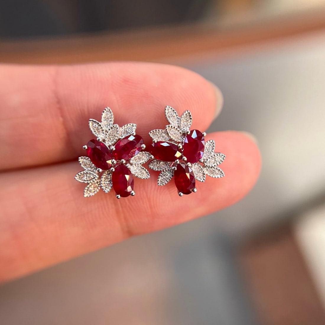 14k Gold 1.50 Ct Vivid Red Natural Ruby & Diamond Earrings - 2