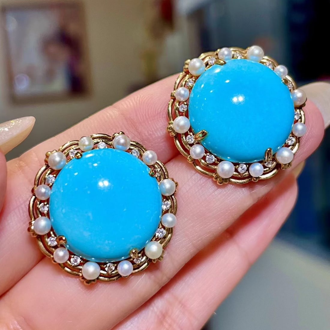 14k Gold 37.69 Ctw Natural Blue Turquoise & Diamond Earrings - 2