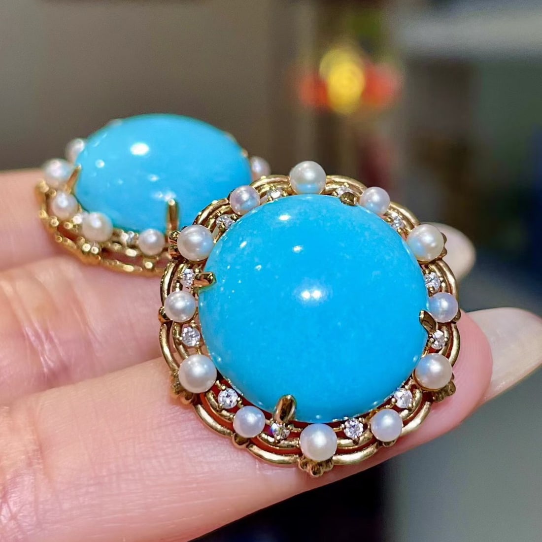 14k Gold 37.69 Ctw Natural Blue Turquoise & Diamond Earrings - 3