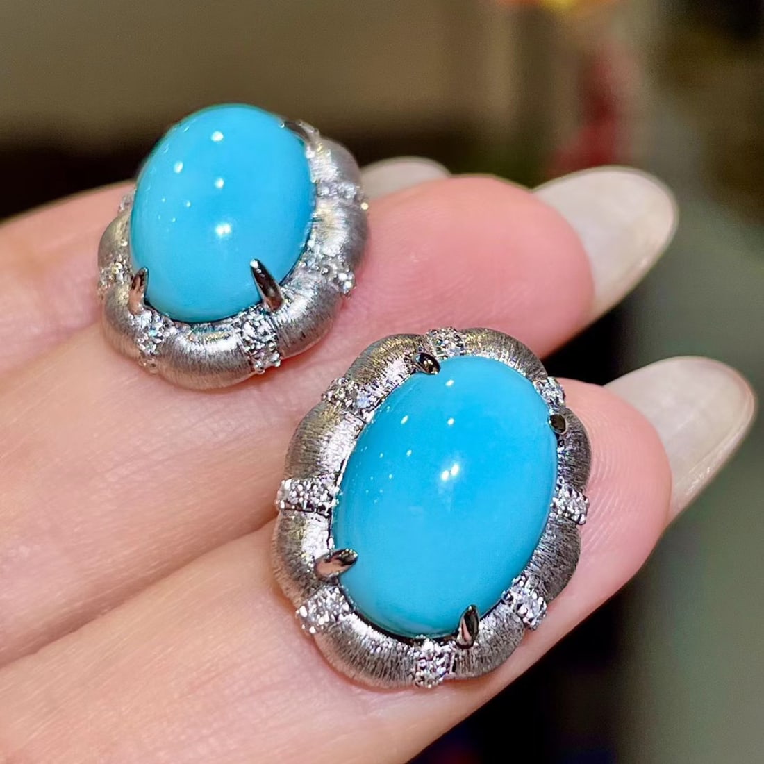 14k Gold 10.06 Ctw Natural Blue Turquoise & Diamond Earrings - 3