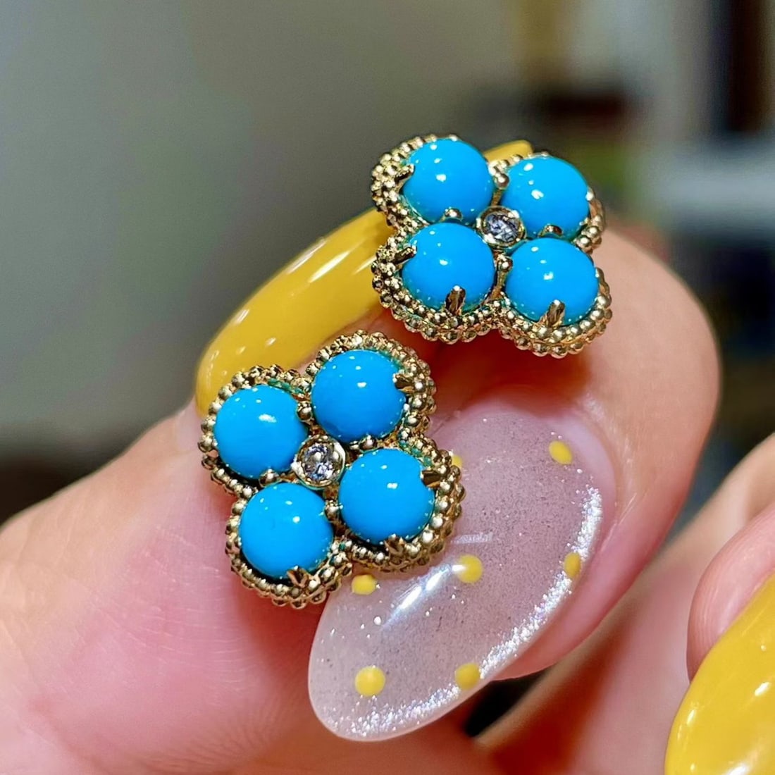 14k Gold 2.35 Ctw Natural Blue Turquoise & Diamond Earrings - 2