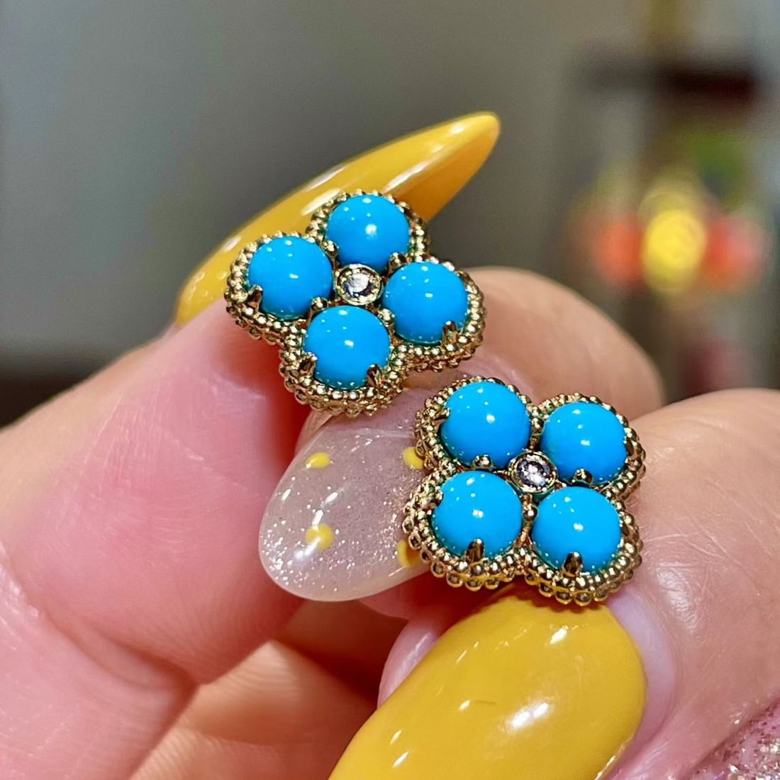 14k Gold 2.35 Ctw Natural Blue Turquoise & Diamond Earrings - 3