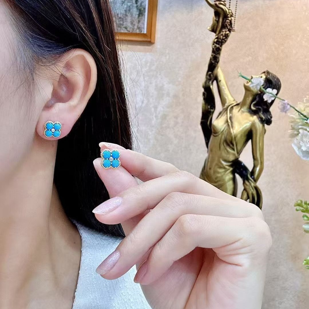 14k Gold 2.35 Ctw Natural Blue Turquoise & Diamond Earrings - 4