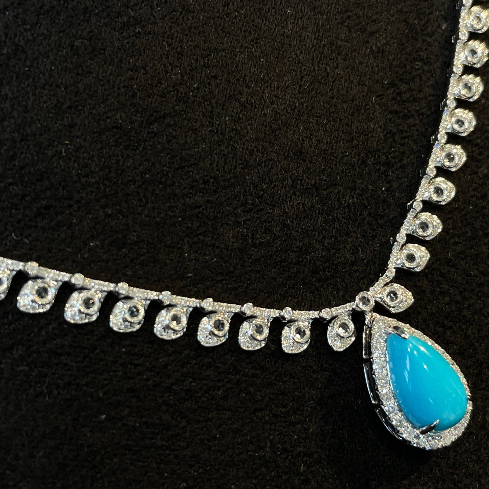 14k Gold 2.4 Ct Natural Blue Turquoise & Diamond & Sapphire Necklace - 2