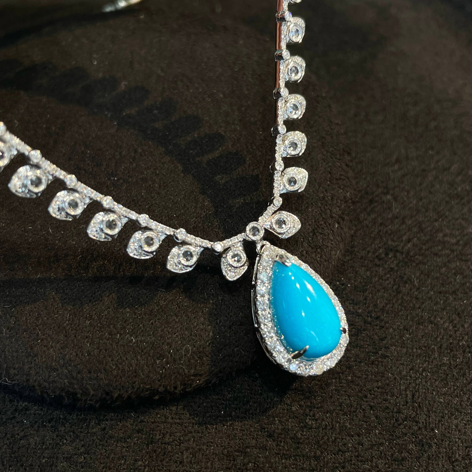 14k Gold 2.4 Ct Natural Blue Turquoise & Diamond & Sapphire Necklace - 3