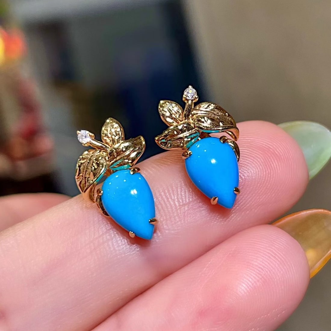 14k Gold 2.13 Ct Natural Blue Turquoise & Diamond Earrings - 2