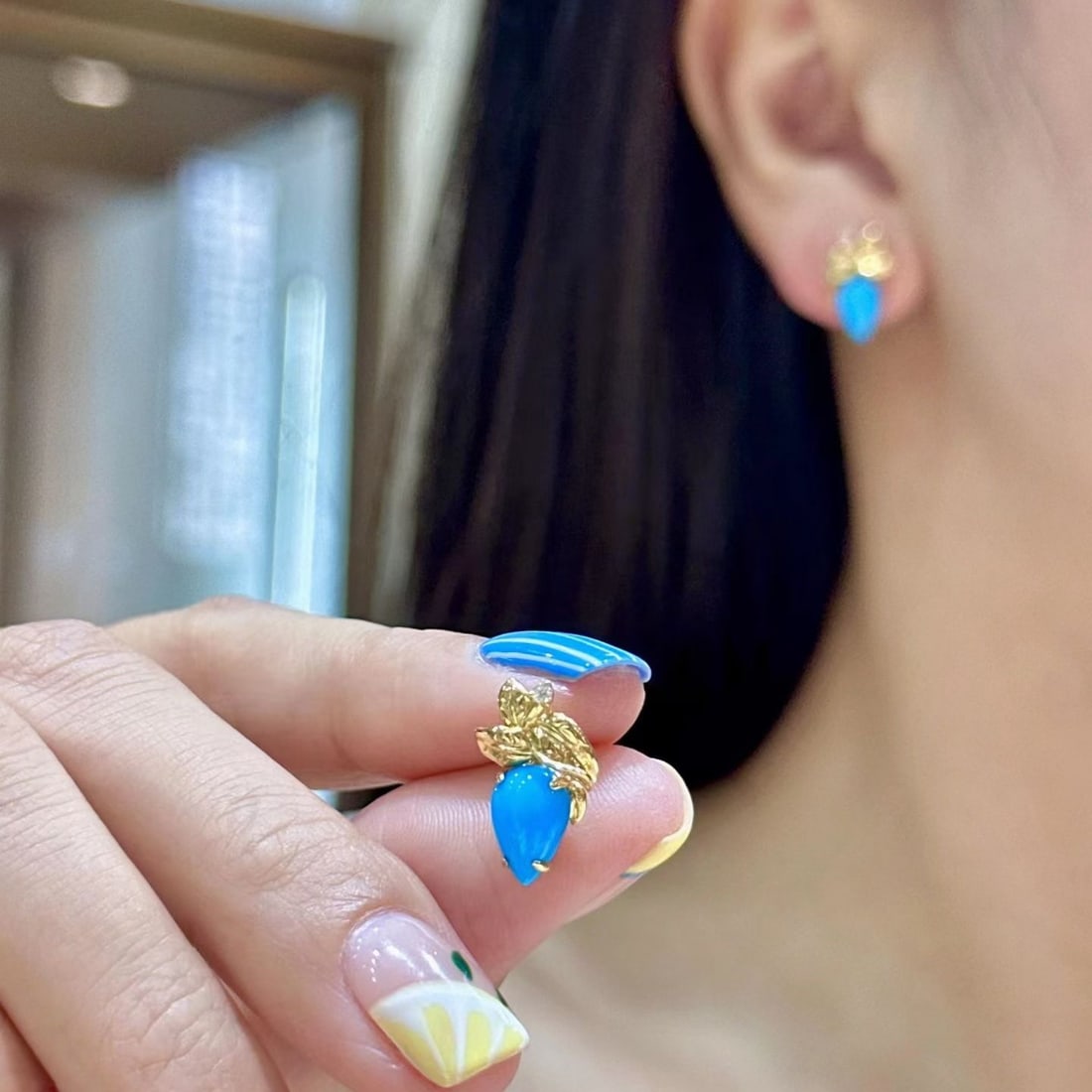 14k Gold 2.13 Ct Natural Blue Turquoise & Diamond Earrings - 3