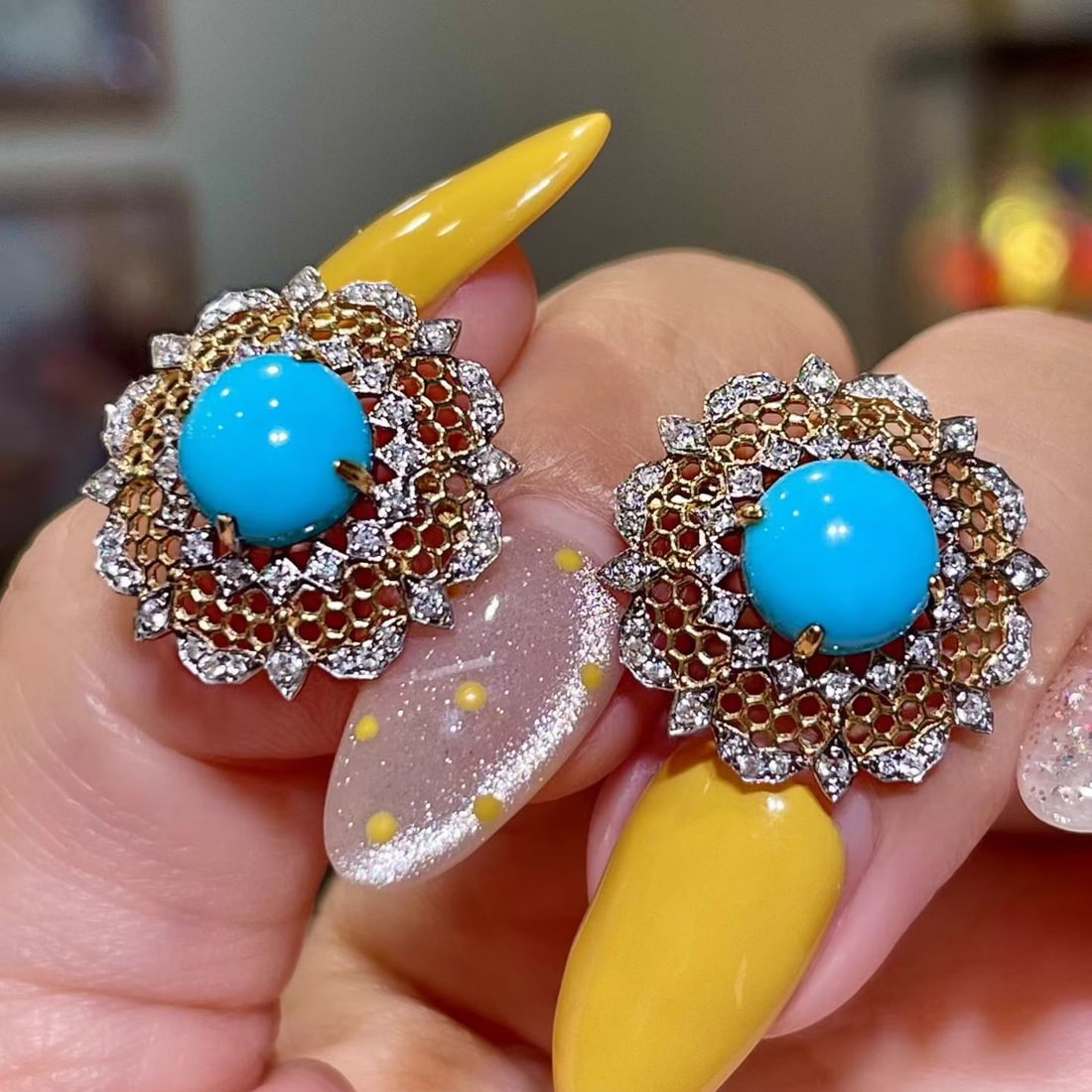 14k Gold 4.27 Ctw Natural Blue Turquoise & Diamond Earrings: Ref:231124203 // gold content:14k gold // main gemstone:blue turquoise // shape:round // carat weight:3. 82ct // color:blue // treatment:natural // cut grade:g // // adjacent gemstone 2 : diamond