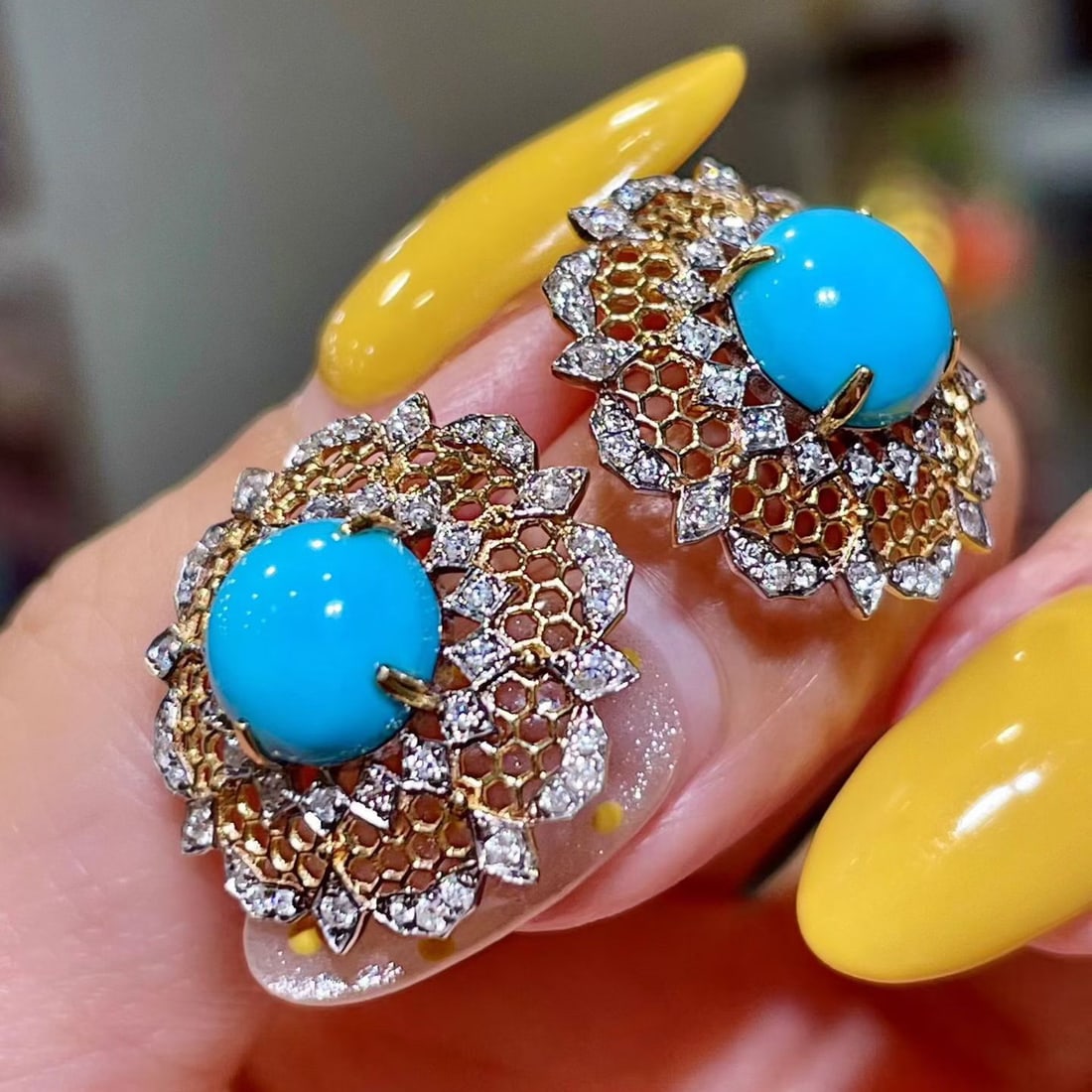 14k Gold 4.27 Ctw Natural Blue Turquoise & Diamond Earrings - 2