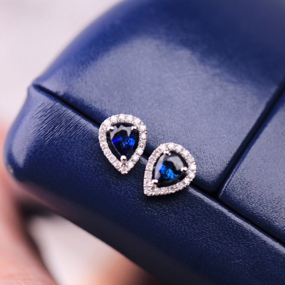 14k Gold 0.62 Ct Vivid Blue Natural Sapphire & Diamond Earrings - 2