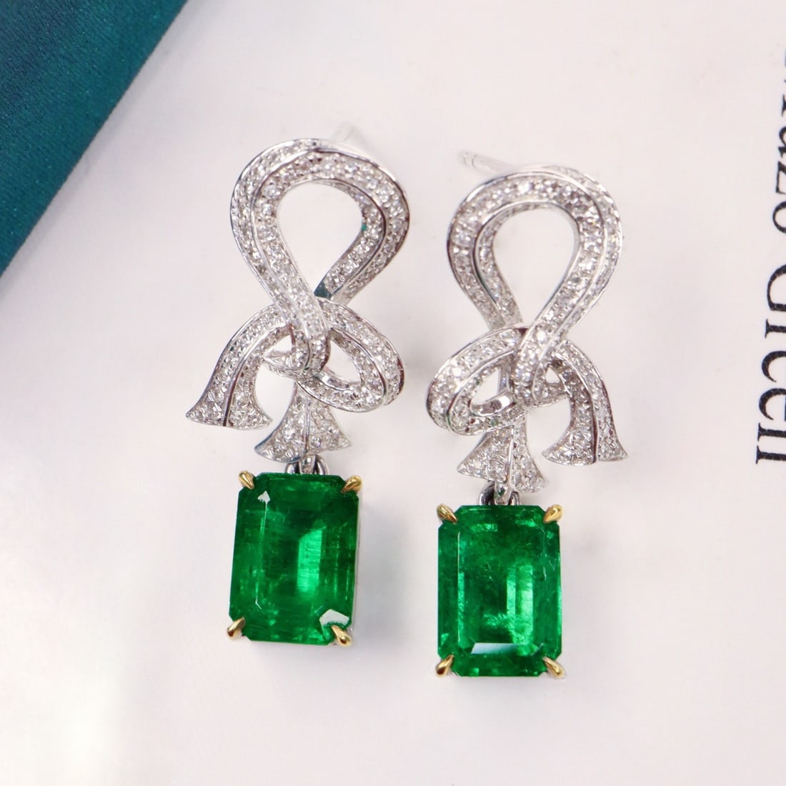 14k Gold 3.89 Ctw Vivid Green Natural Emerald & Diamond Earrings - 2
