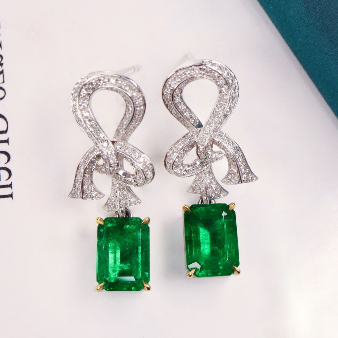 14k Gold 3.89 Ctw Vivid Green Natural Emerald & Diamond Earrings - 4