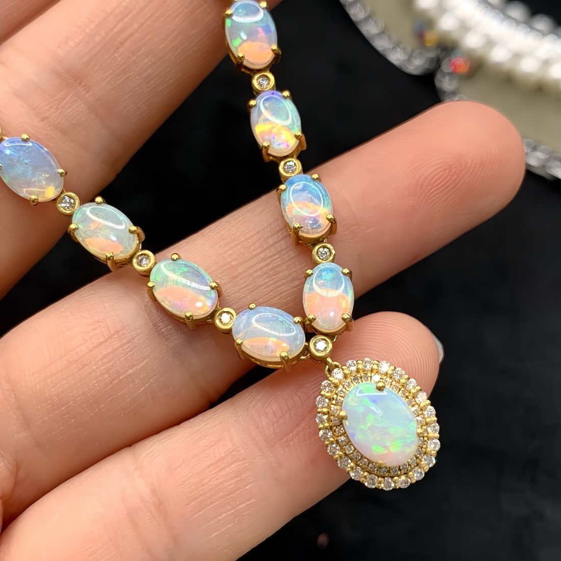 14k Gold 5.78 Ctw Natural Opal & Diamond Necklace - 2