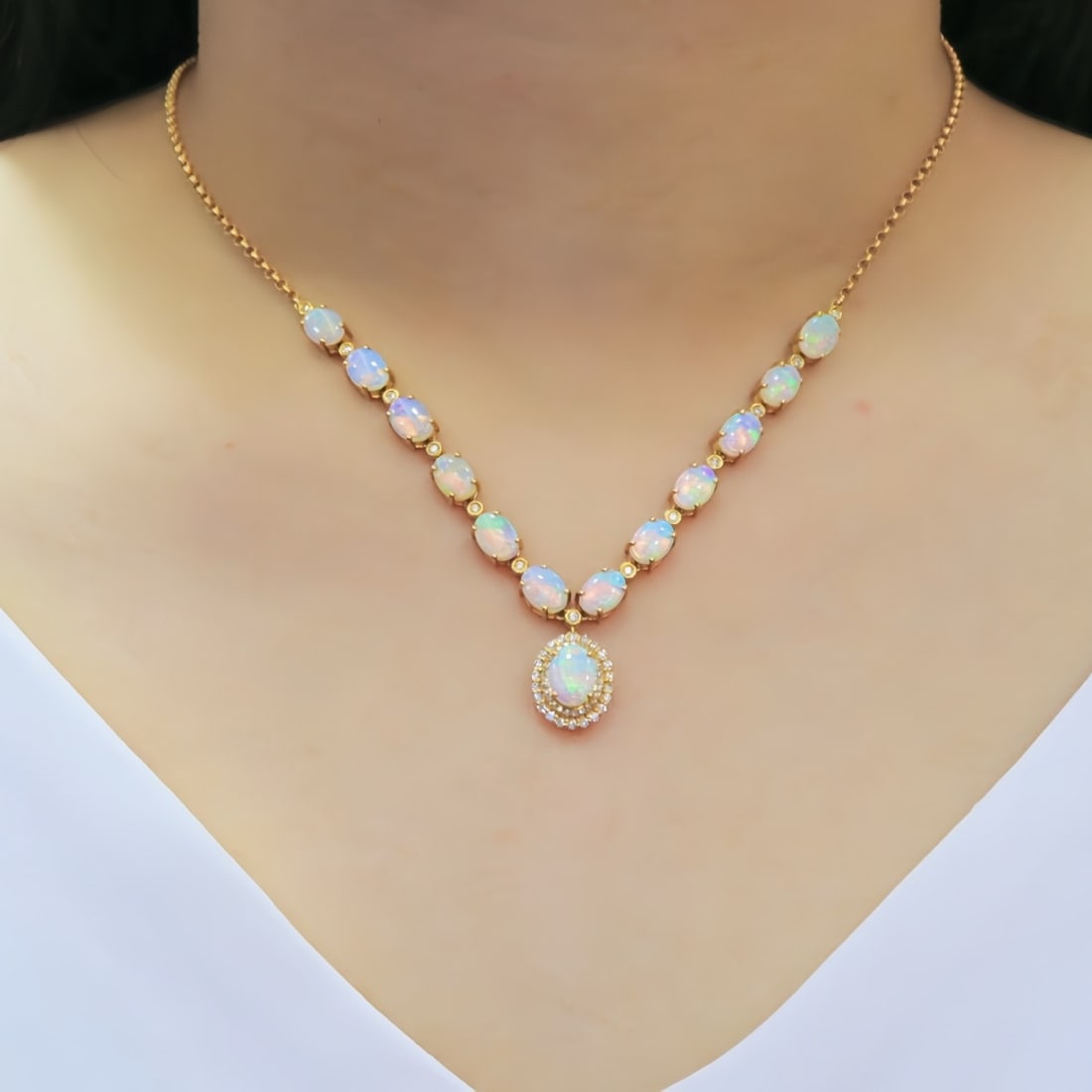 14k Gold 5.78 Ctw Natural Opal & Diamond Necklace - 6