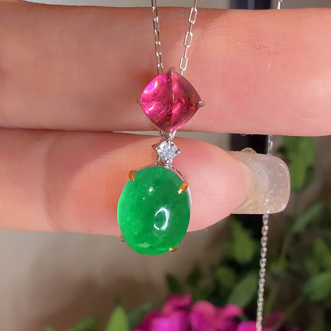 14k Gold 2.5 Ct Natural Emerald & Tourmaline & Diamond Pendant( Without Chain ) - 2
