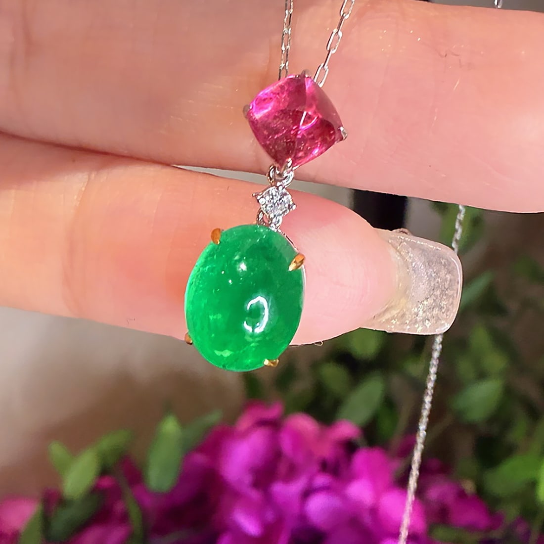 14k Gold 2.5 Ct Natural Emerald & Tourmaline & Diamond Pendant( Without Chain ) - 3