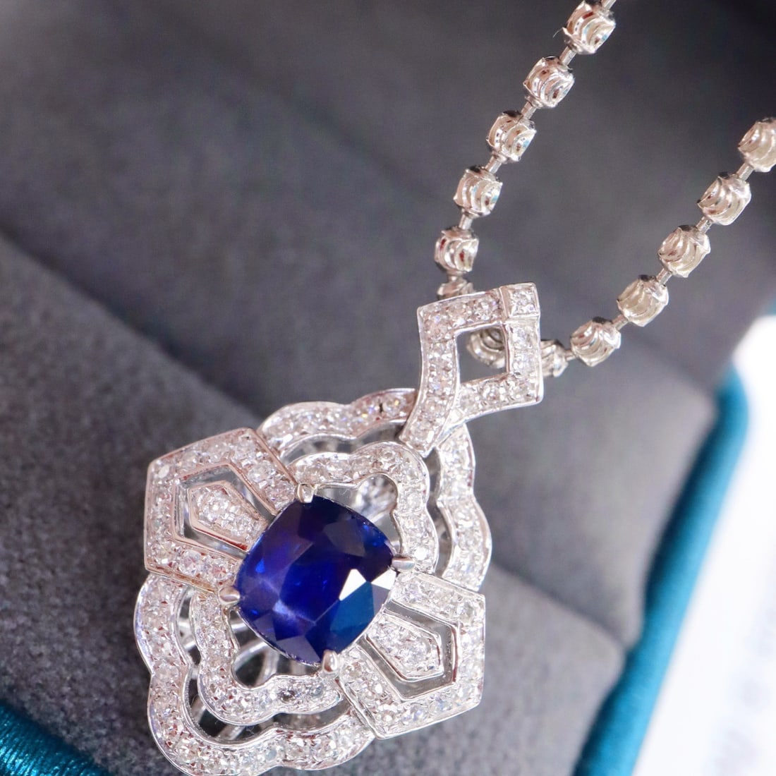 14k Gold 1.38 Ctw Natural Sapphire & Diamond Pendant( Without Chain ): Ref:231124408 // gold content:14k gold // main gemstone:sapphire // shape:cushion // carat weight:1. 08ct // color:royal blue // treatment:natural // // adjacent gemstone 2 : diamond // shape:round