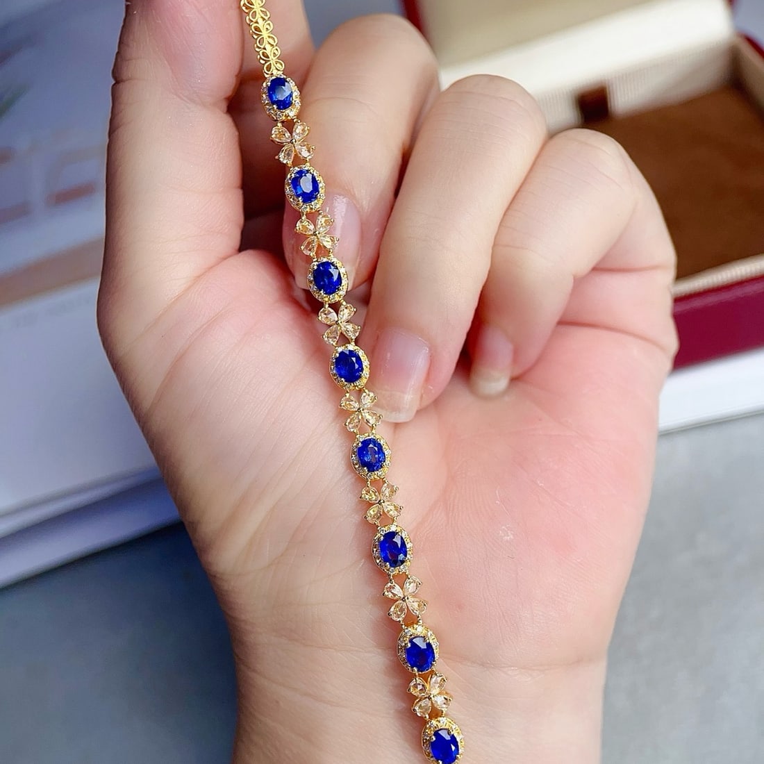 14k Gold 3.84 Ctw Vivid Blue Natural Sapphire & Sapphire Bracelet - 2
