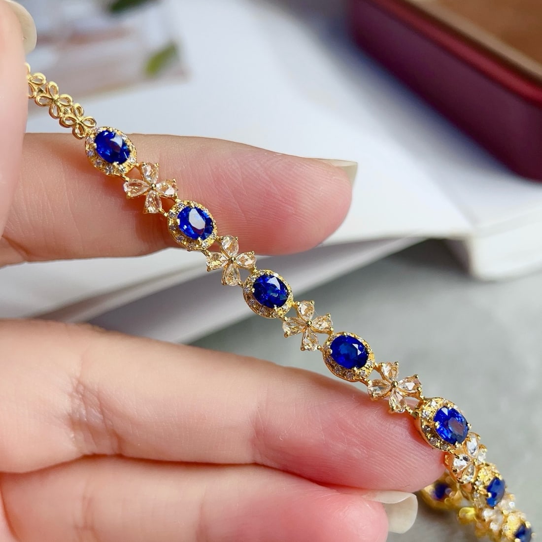 14k Gold 3.84 Ctw Vivid Blue Natural Sapphire & Sapphire Bracelet - 3