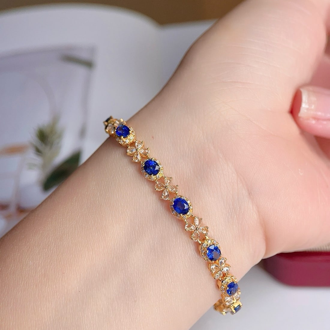 14k Gold 3.84 Ctw Vivid Blue Natural Sapphire & Sapphire Bracelet - 5