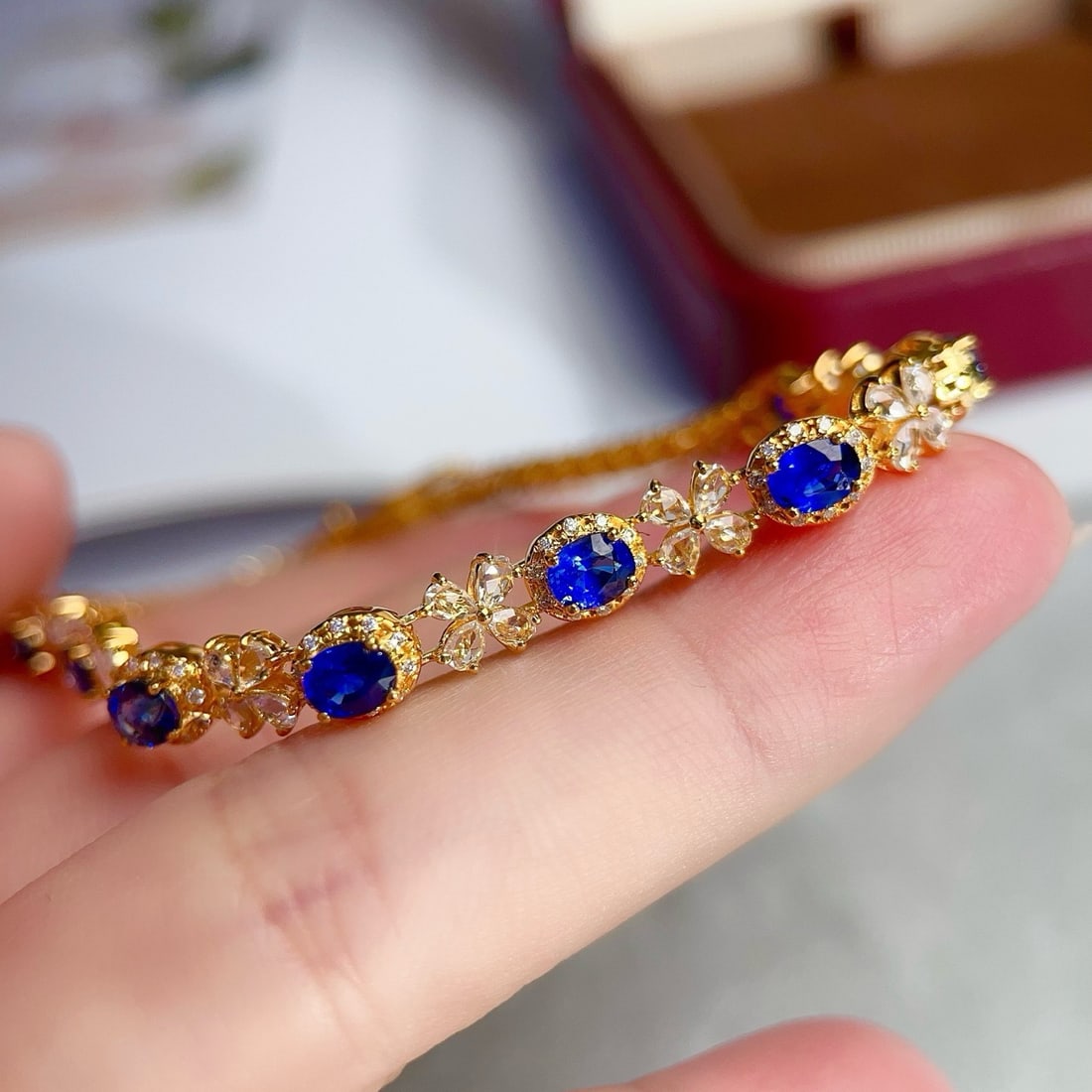 14k Gold 3.84 Ctw Vivid Blue Natural Sapphire & Sapphire Bracelet - 6