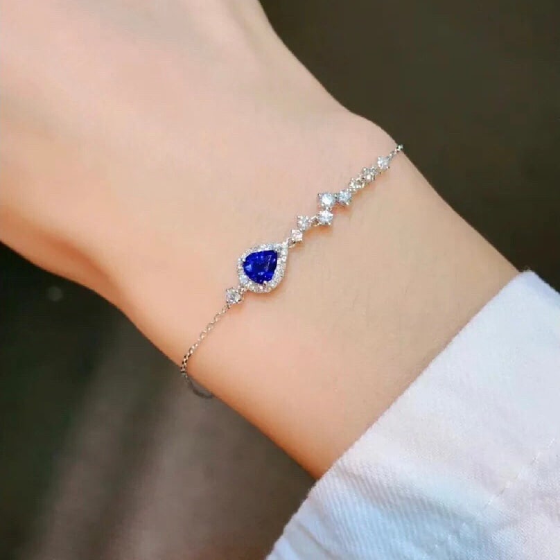 14k Gold 0.95 Ctw Vivid Blue Natural Sapphire & Diamond Bracelet - 2