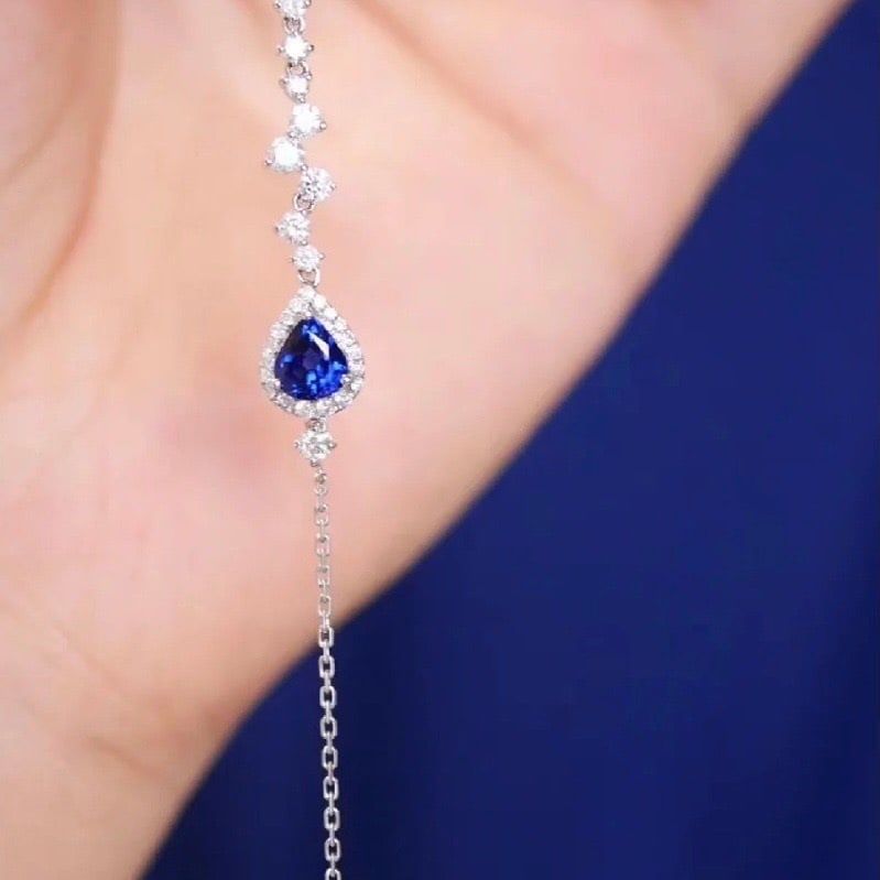 14k Gold 0.95 Ctw Vivid Blue Natural Sapphire & Diamond Bracelet - 6