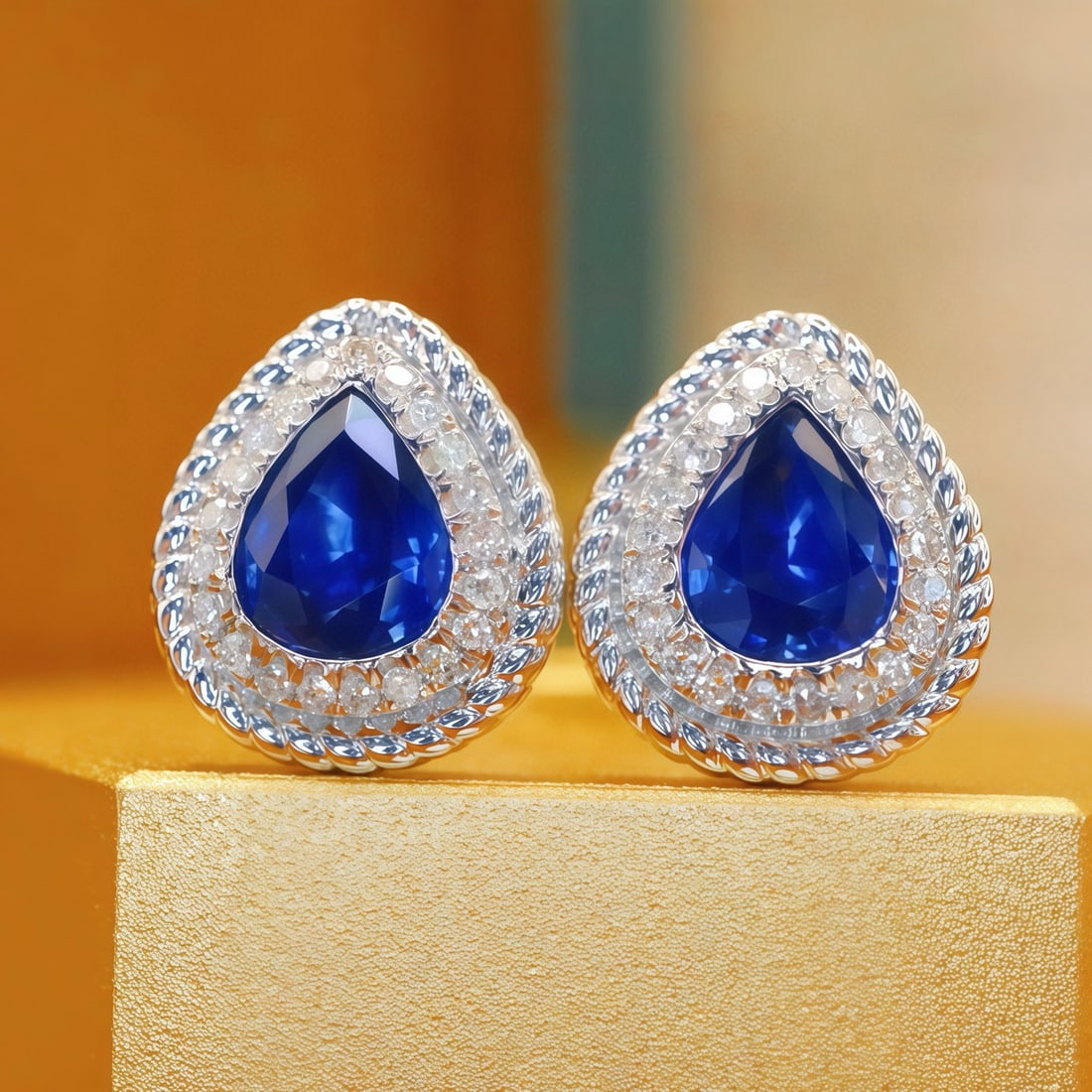 14k Gold 1.25 Ctw Natural Sapphire & Diamond Earrings: Ref:231067060 // gold content:14k gold // main gemstone:sapphire // shape:pear // carat weight:1. 13ct // color:blue // treatment:natural // // adjacent gemstone 2 : diamond // number of stones:42 //