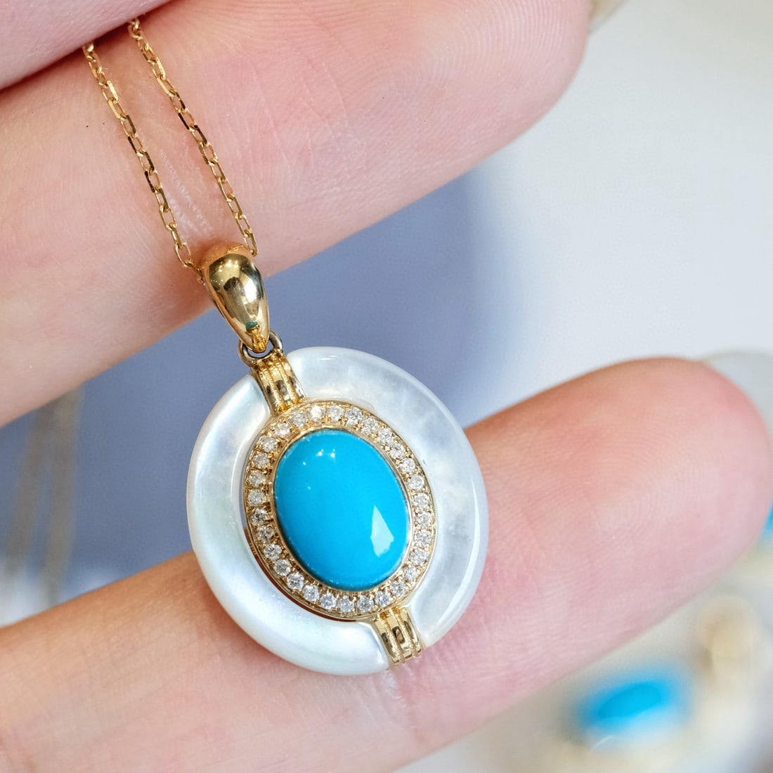 14k Gold 1.4 Ctw Natural Turquoise & Diamond Pendant( Without Chain ): Ref:231067087 // gold content:14k gold // main gemstone:turquoise // shape:oval // carat weight:1. 3ct // color:blue // treatment:natural // // adjacent gemstone 2 : diamond // shape:round // carat