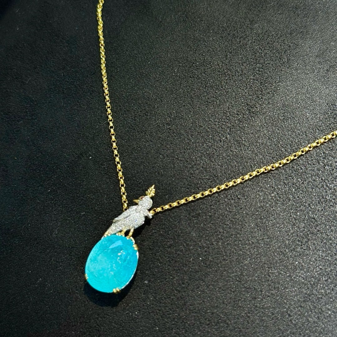 14k Gold 7.65 Ctw Natural Paraiba Tourmaline & Diamond Necklace - 5