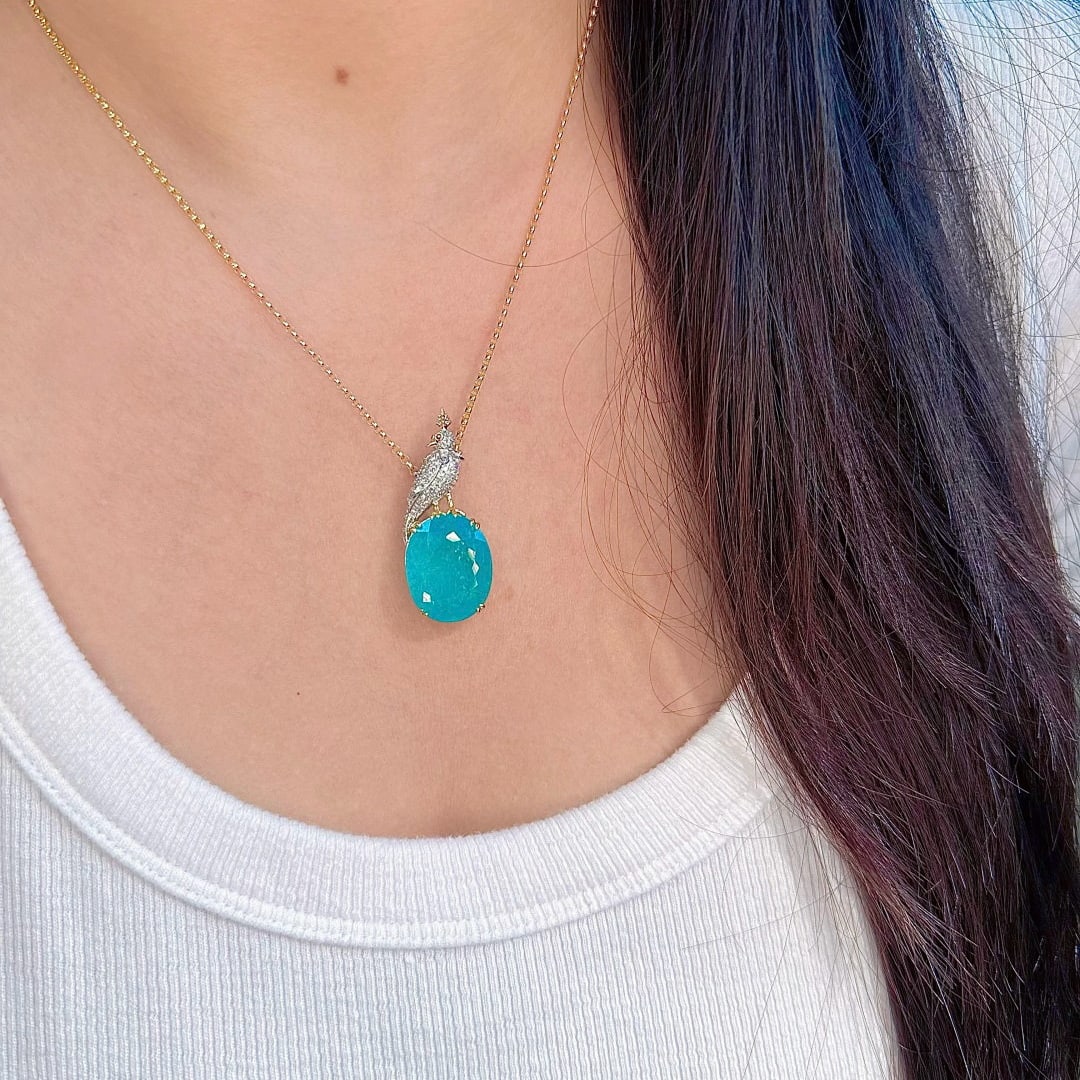 14k Gold 7.65 Ctw Natural Paraiba Tourmaline & Diamond Necklace - 6