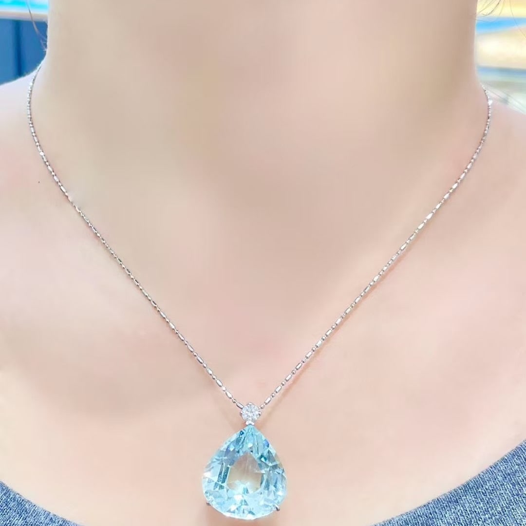 14k Gold 21.05 Ctw Natural Aquamarine & Diamond Pendant( Without Chain ) - 4