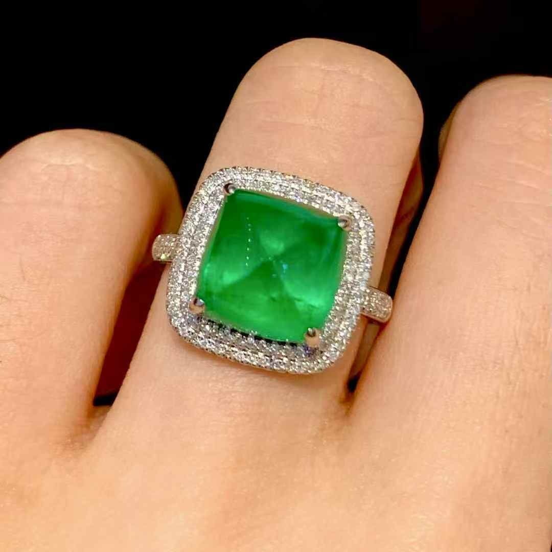 14k Gold 6 Ct Vivid Green Natural Emerald & Diamond Ring - 2