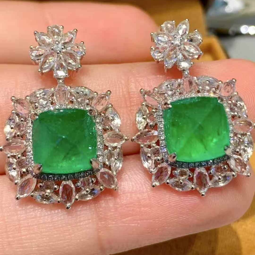 14k Gold 6.8 Ct Vivid Green Natural Emerald & Diamond & Sapphire Earrings: Ref:231067178 // gold content:14k gold // main gemstone:emerald // shape:sugar-loaf // carat weight:6. 8ct // color:vivid green // treatment:natural // // adjacent gemstone 2 : diamond // shape:round