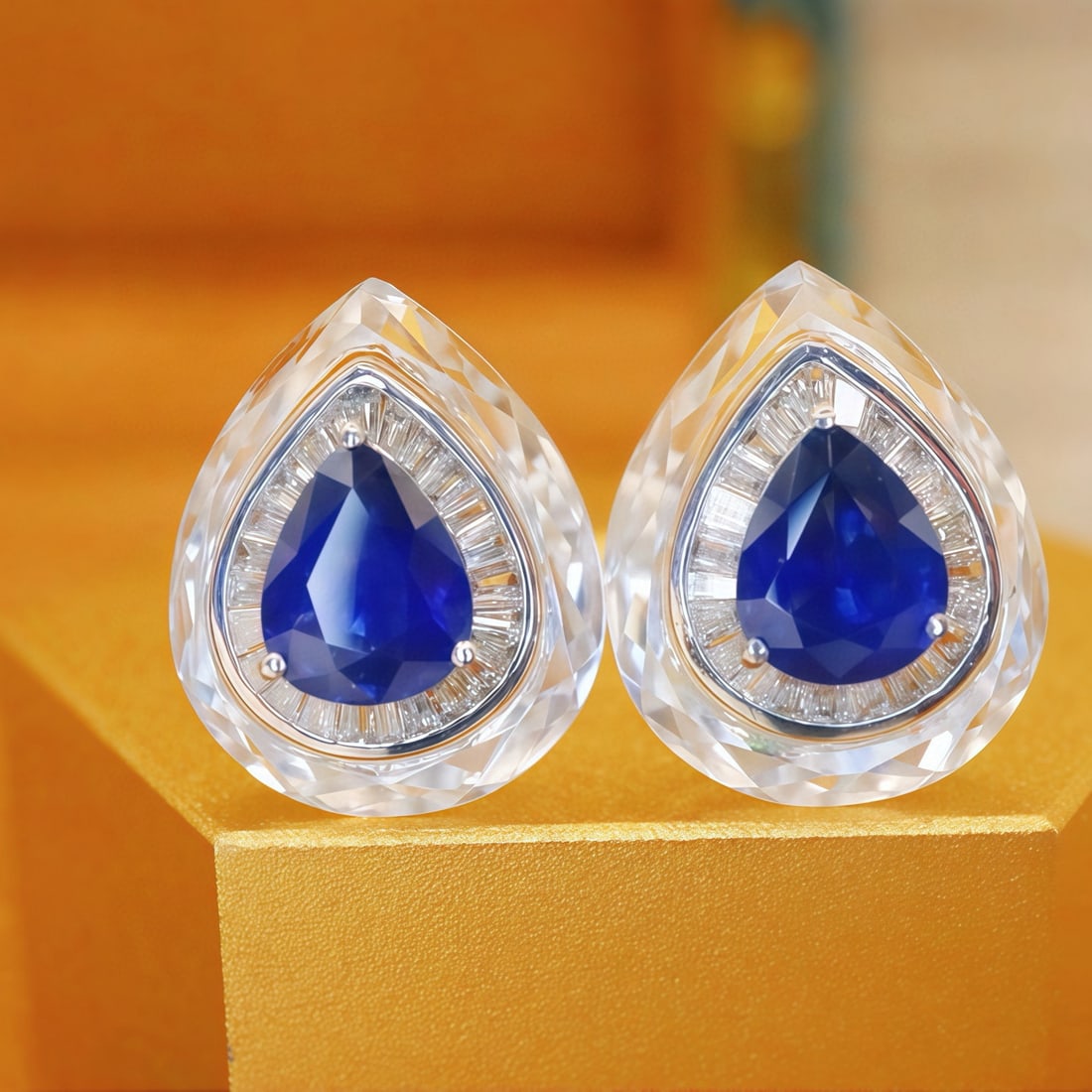 14k Gold 1.64 Ctw Natural Sapphire & Diamond Earrings: Ref:231067181 // gold content:14k gold // main gemstone:sapphire // shape:pear // carat weight:1. 36ct // color:royal blue // treatment:natural // // adjacent gemstone 2 : diamond // number of