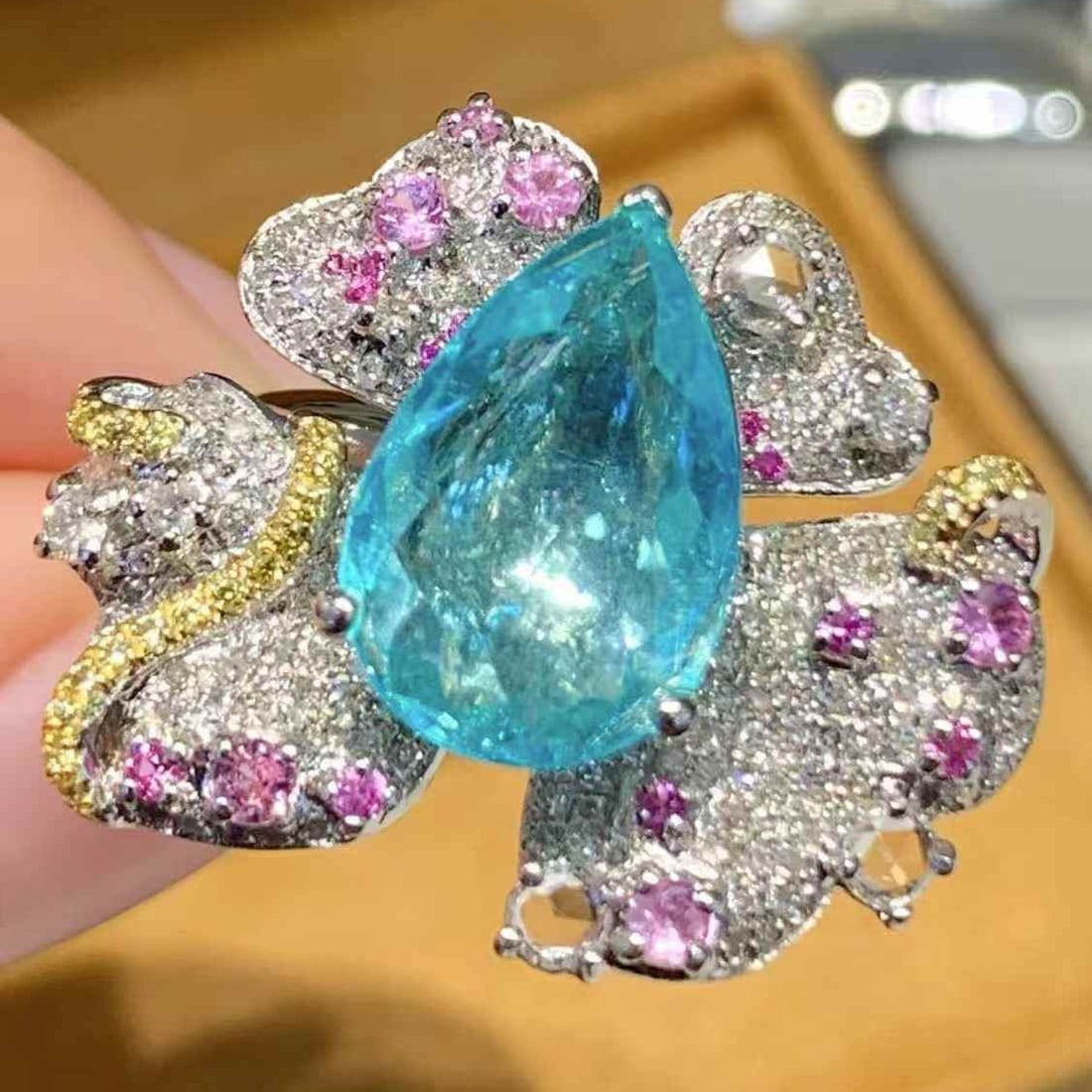 14k Gold 3.4 Ct Natural Paraiba Tourmaline & Diamond Ring - 4