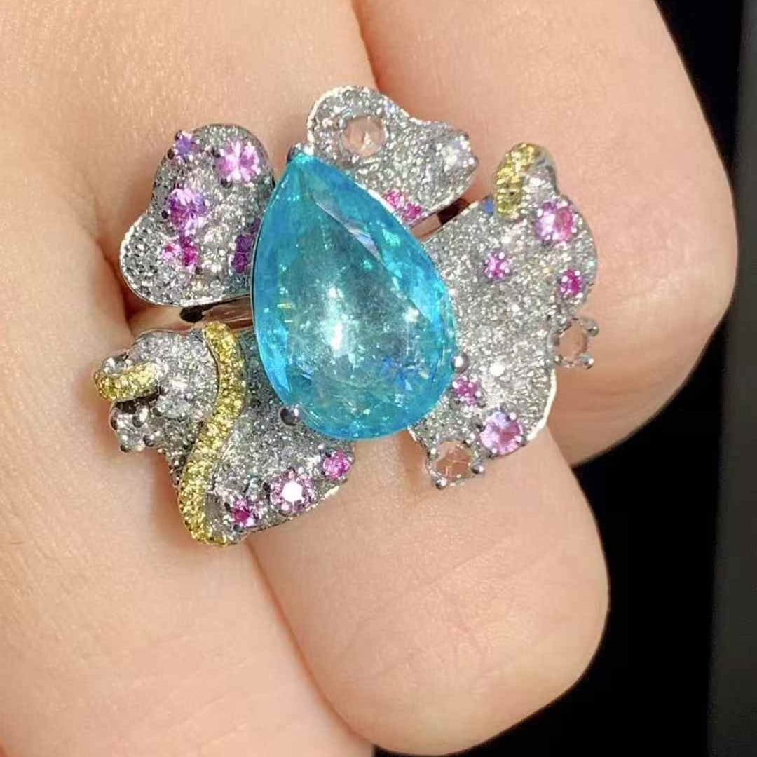 14k Gold 3.4 Ct Natural Paraiba Tourmaline & Diamond Ring - 5