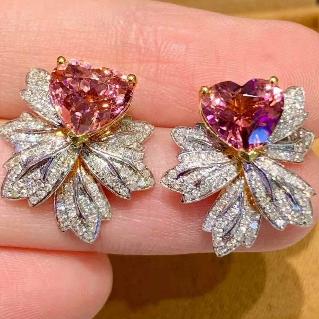 14k Gold 3.8 Ct Natural Tourmaline & Diamond Earrings: Ref:231067210 // gold content:14k gold // main gemstone:tourmaline // shape:heart // carat weight:3. 8ct // color:orangish pink // treatment:natural // // adjacent gemstone 2 : diamond //