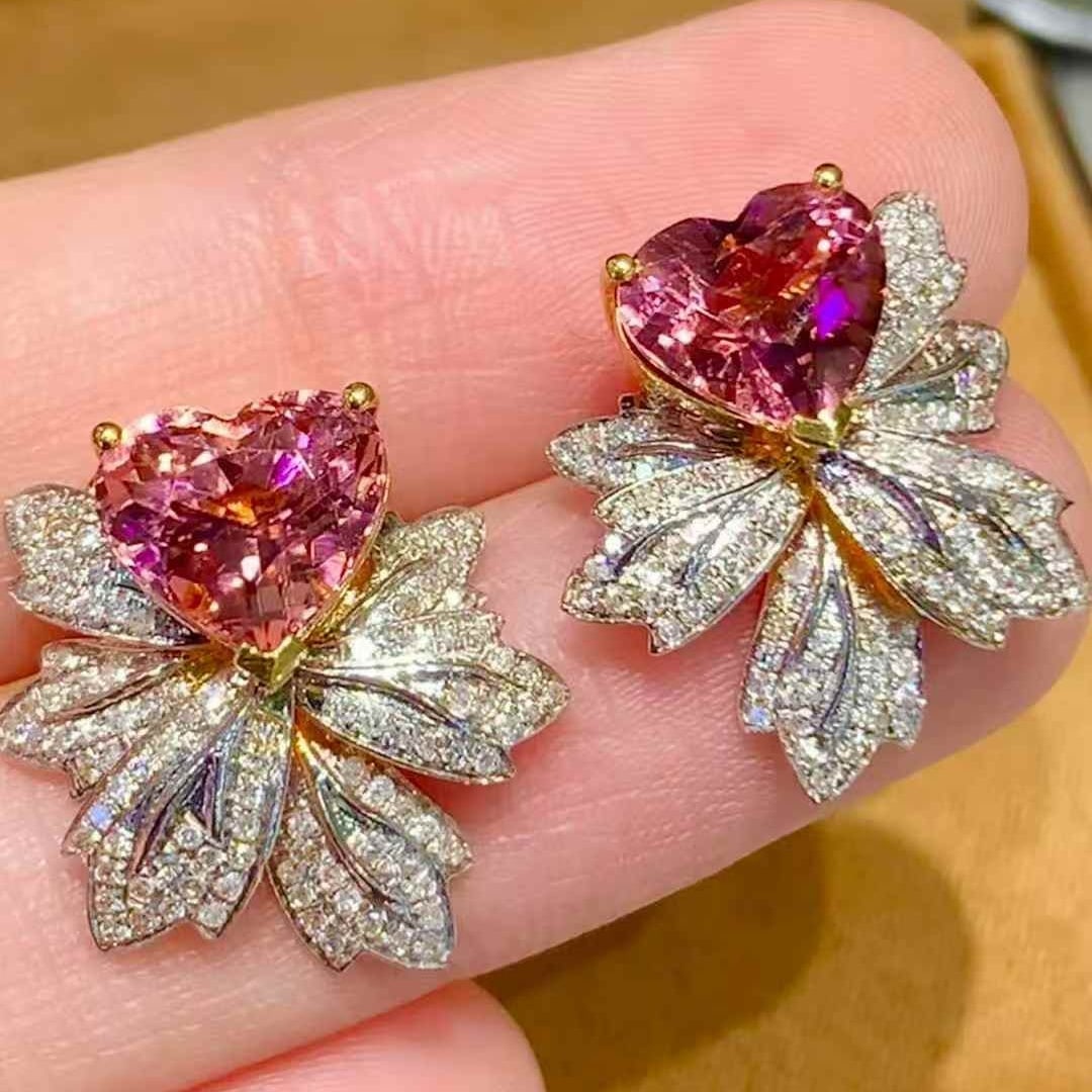 14k Gold 3.8 Ct Natural Tourmaline & Diamond Earrings - 2