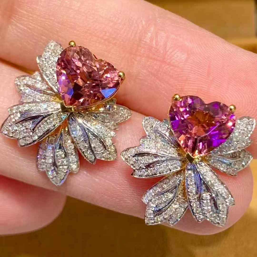 14k Gold 3.8 Ct Natural Tourmaline & Diamond Earrings - 3