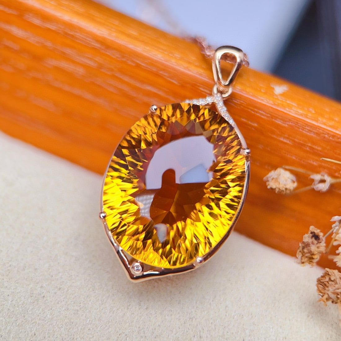 14k Gold 23.23 Ctw Natural Citrine & Diamond Pendant( Without Chain ): Ref:231067216 // gold content:14k gold // main gemstone:citrine // shape:oval // carat weight:23. 2ct // color:yellow // treatment:natural // // adjacent gemstone 2 : diamond // number of stones:10