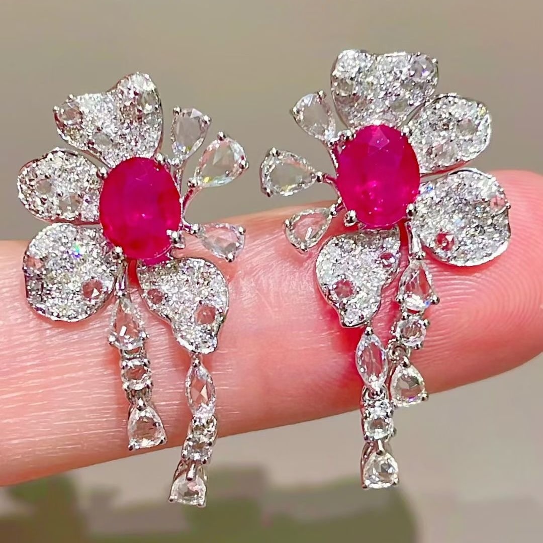 14k Gold 1.3 Ct Natural Ruby & Diamond & Sapphire Earrings: Ref:231067221 // gold content:14k gold // main gemstone:ruby // shape:oval // carat weight:1. 3ct // color:red // treatment:natural // // adjacent gemstone 2 : diamond // shape:round // clarity