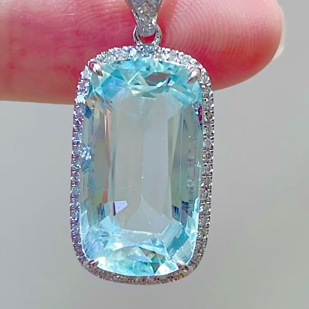 14k Gold 7.12 Ct Natural Aquamarine & Diamond Pendant( Without Chain ) - 6