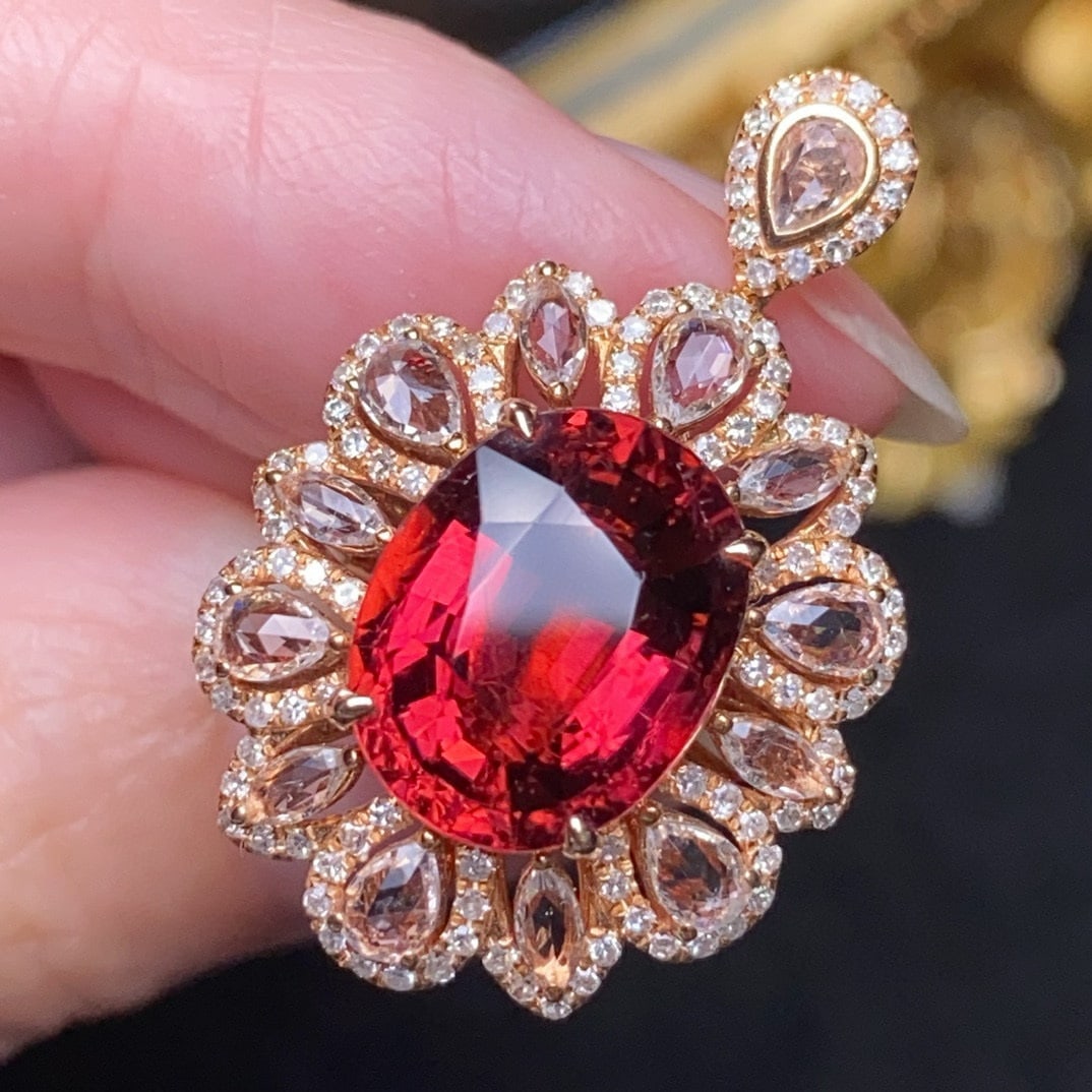 14k Gold 5.64 Ctw Natural Tourmaline & Diamond Ring/pendant( Without Chain ): Ref:231067252 // gold content:14k gold // ring size:7. 25us // // main gemstone:tourmaline // shape:oval // carat weight:5. 1ct // color:red // treatment:natural // // adjacent gemstone 2 :