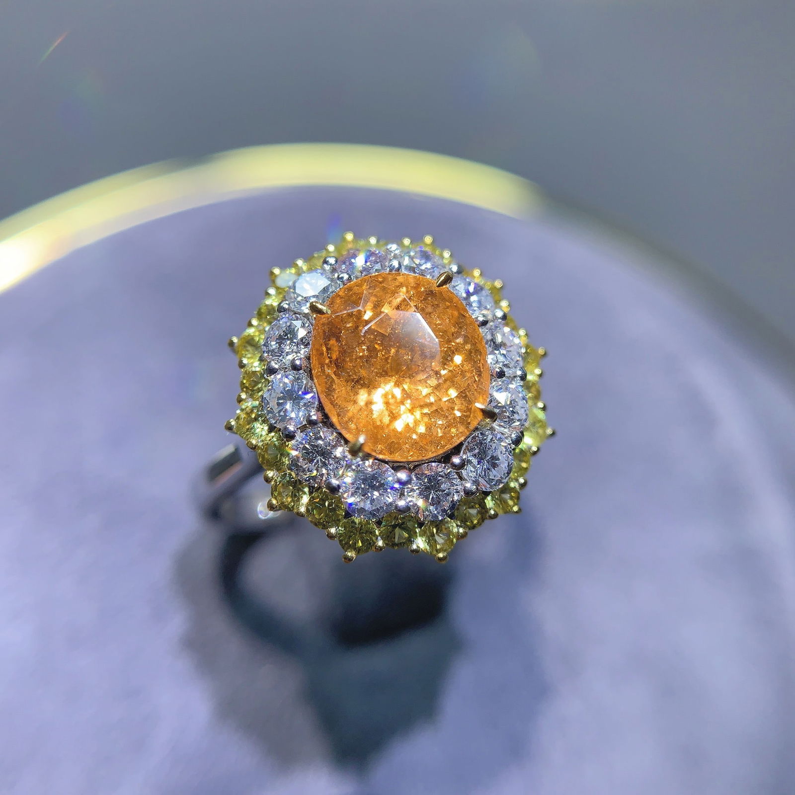 14k Gold 4.53 Ctw Natural Spessartine & Diamond Ring: Ref:231068006 // gold content:14k gold // ring size:7. 25us // // main gemstone:spessartine // shape:oval // carat weight:3. 11ct // color:orange // treatment:natural // // adjacent gemstone 2 :
